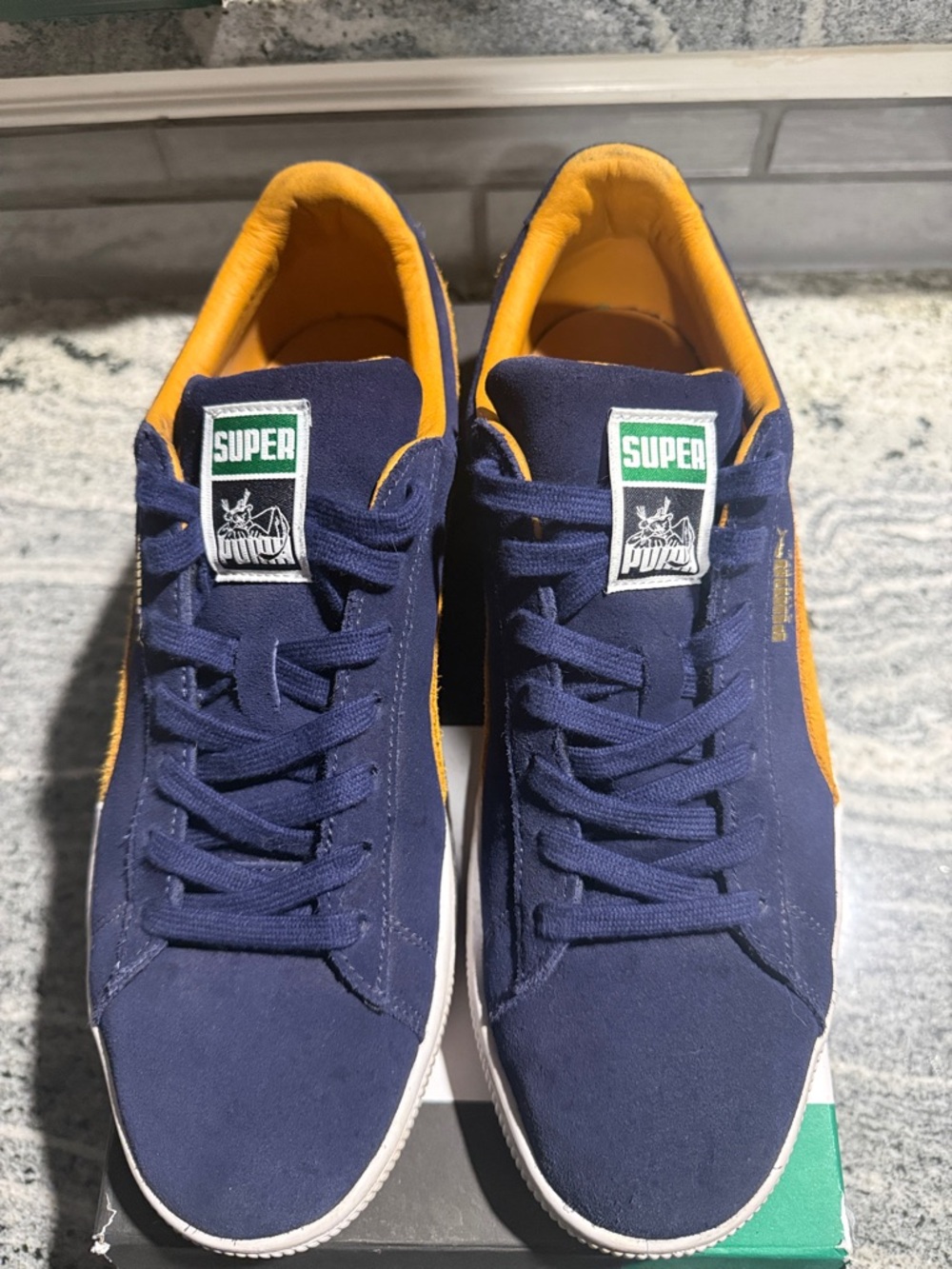 Puma Men's Navy Suede Sneakers with Orange Lining